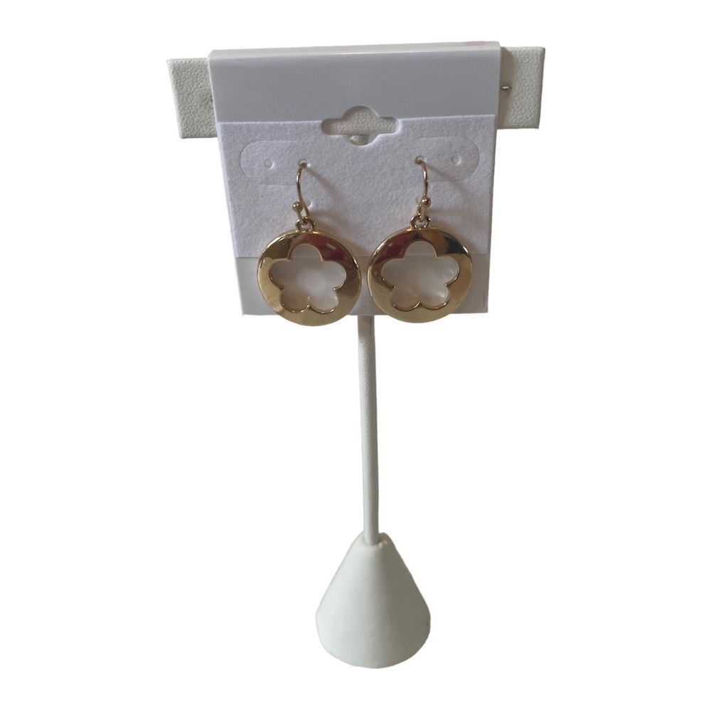 Liz Claiborne Open Flower Gold Tone Drop Earrings.